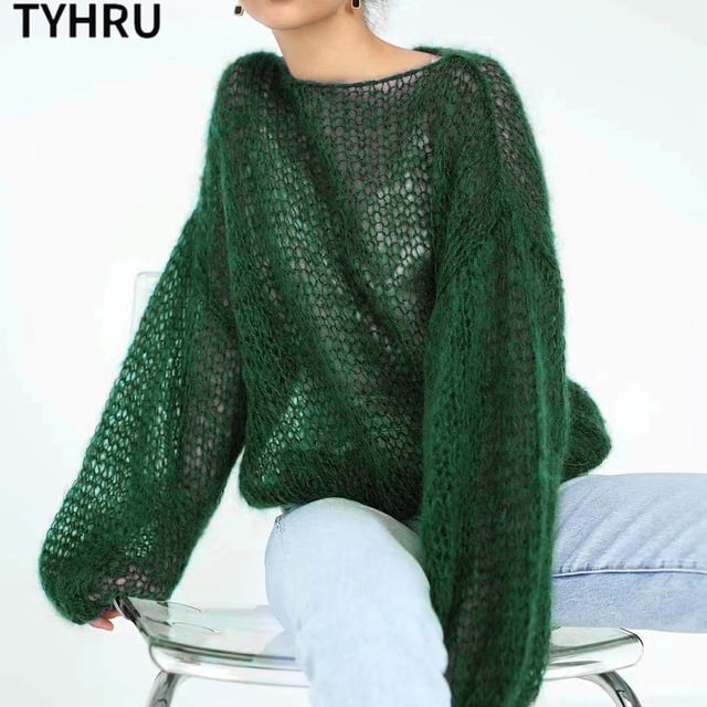 RWJDXD TYHRU Chandails Tricotés pour Femmes, Chandail Mince en Maille Ajourée pour Dame, Style Transparent, Manches Lanterne, Hauts Amples, Blouse