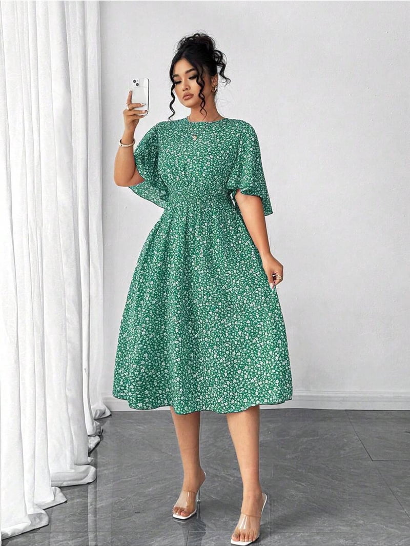ditsy floral a line dress Plus Size Women Round Neck Ruffle Sleeve Waist A-Line Midi Dress, Elegant Outdoor Wear Going Fast on Sale Choose Fabric:100% Real Silk Satin 85gsm How to Wear a Cupshe or pair with block