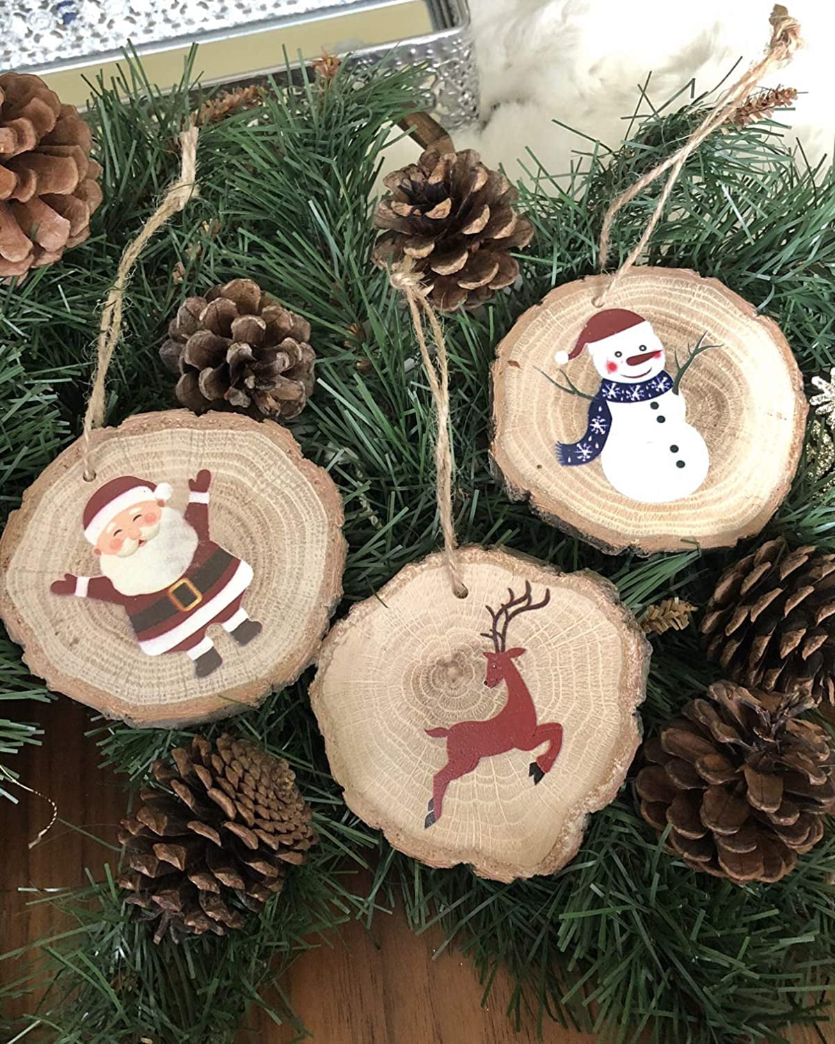 Reindeer Santa And Snowman Christmas Tree Decorations Set Of 3 wooden 