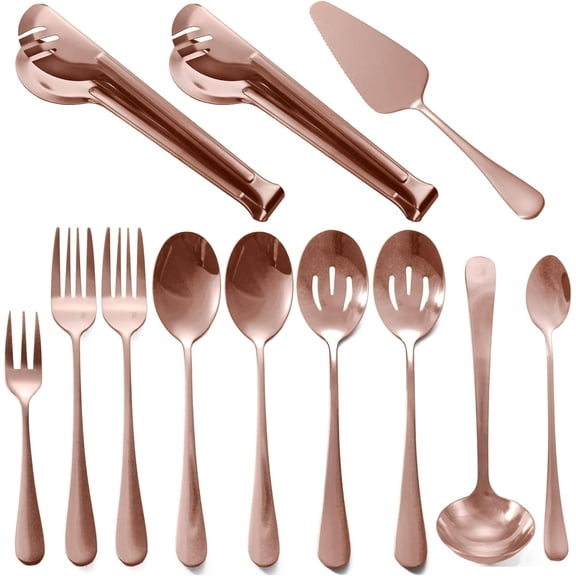 Rose Gold Buffet Party Serving Utensils Set 12 Pieces Copper Stainless Steel Flatware Silverware Set, Includes Serving Spoon Slotted Spoons Serving Forks Soup Ladle Serving Tongs Pie Server