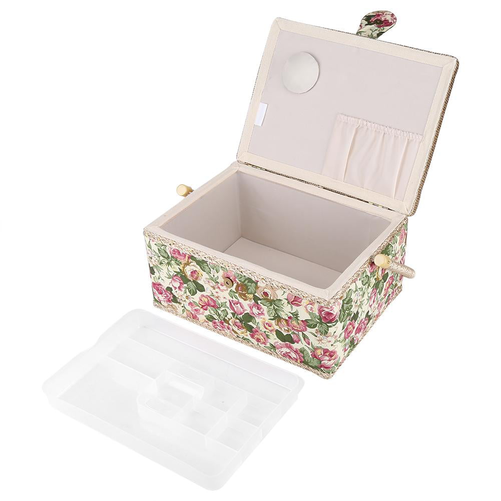 Portable Fabric Floral Printed Sewing Basket Rectangle Sewing Organiser with Handle and Storage Sections for Household Sundry Sewing Box 30.5 x 23 x 15.5cm
