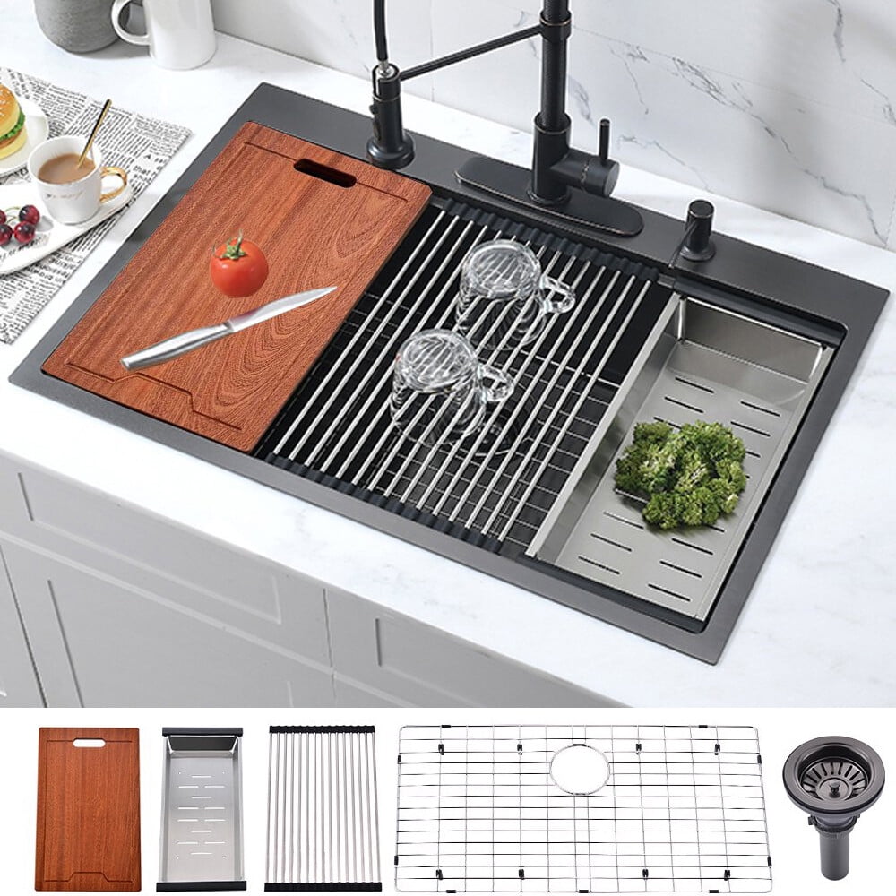 Bokaiya 33x22 Black Drop in Kitchen Sink Workstation 16 Gauge Topmount