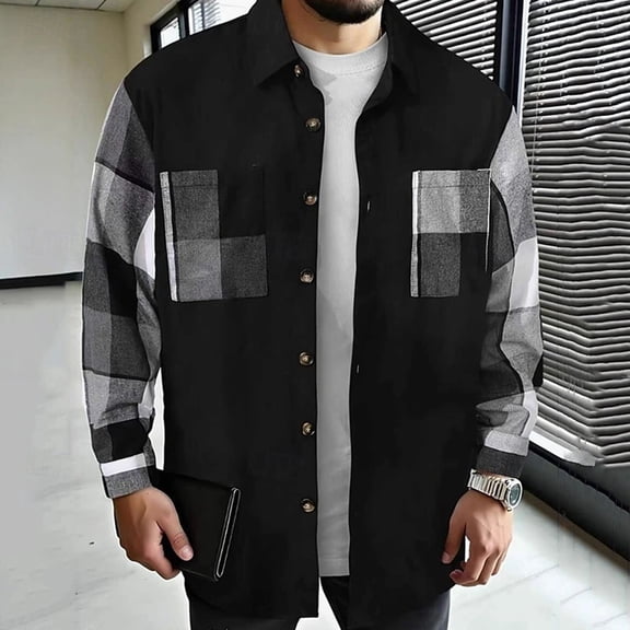 QHRMKOG Men Jacket Color Block Long Sleeve Button Down Shirt Jackets Loose Fit Midweight Shirt Spring Trendy Warm Jacket with Pockets Black L