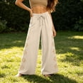 thumbnail image 5 of FchengtaiS Womens Summer Boho Pants Cotton Linen Floral Cutout Wide Leg Pants Elastic Waist Casual Palazzo Trousers with Pockets, 5 of 7