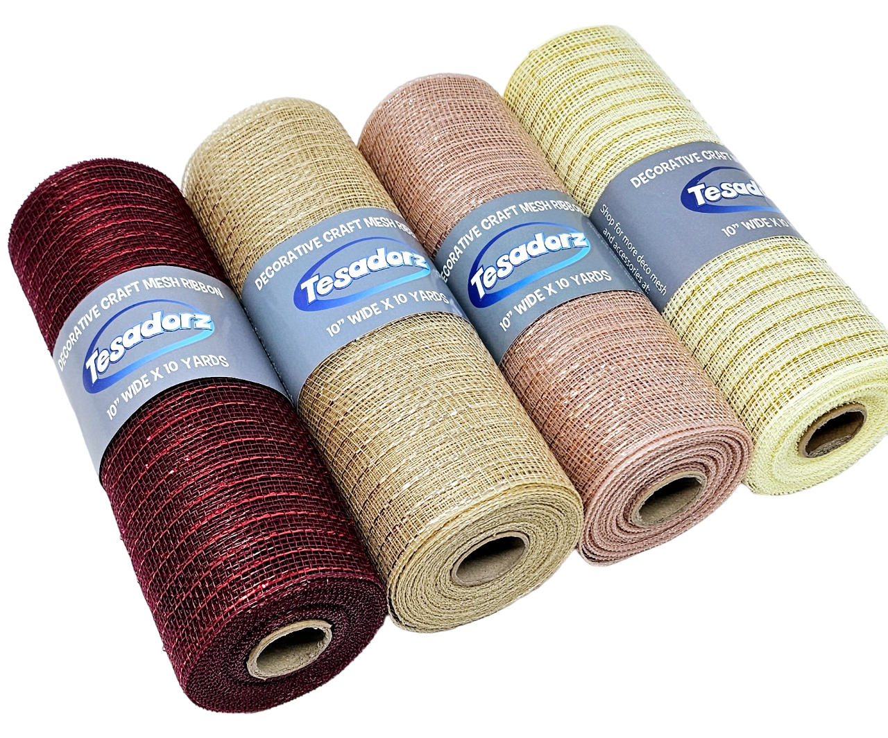 Tesadorz Brand Rose Gold, Ivory, Burgundy and Champagne Gold 10" Decorative Metallic Deco Mesh Ribbon Rolls