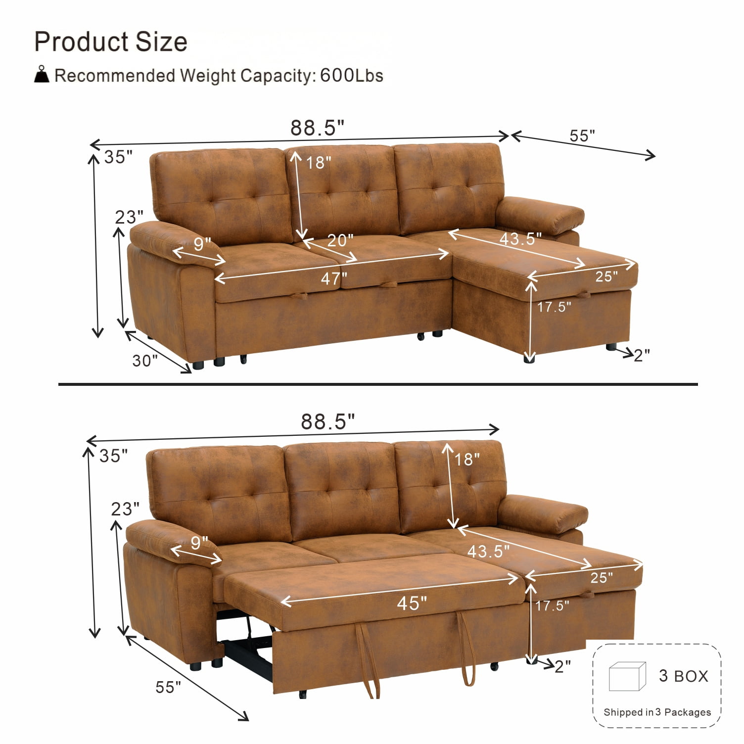 BSHTI 88.5" Polyester Fabric L-Shaped Sectional Sleeper Sofa Bed with Pull-Out Bed, Storage Chaise for Living Room( Light Brown)