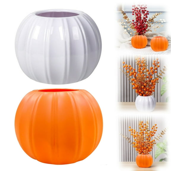 CoreLiving Pumpkin Vase, Pumpkin Vases for Centerpiece and Thanksgiving Vase - 5.5" Orange Plastic Pumpkin Flower Pot, Rustic Farmhouse Fall Home Decor,Neutral Harvest Table Centerpiece for Halloween