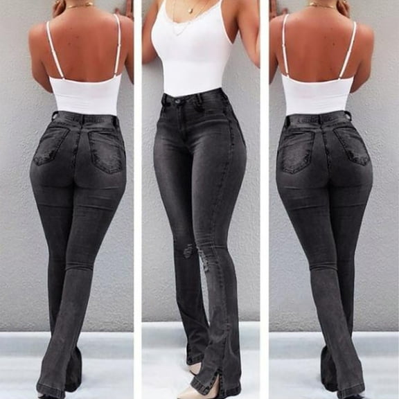 IDALL Jeans for Women High Waisted Jeans Skinny Ripped Bell Bottom Jeans For Women Classic High Waisted Flared Jean Pants Straight Leg Jeans Baggy Jeans Black M