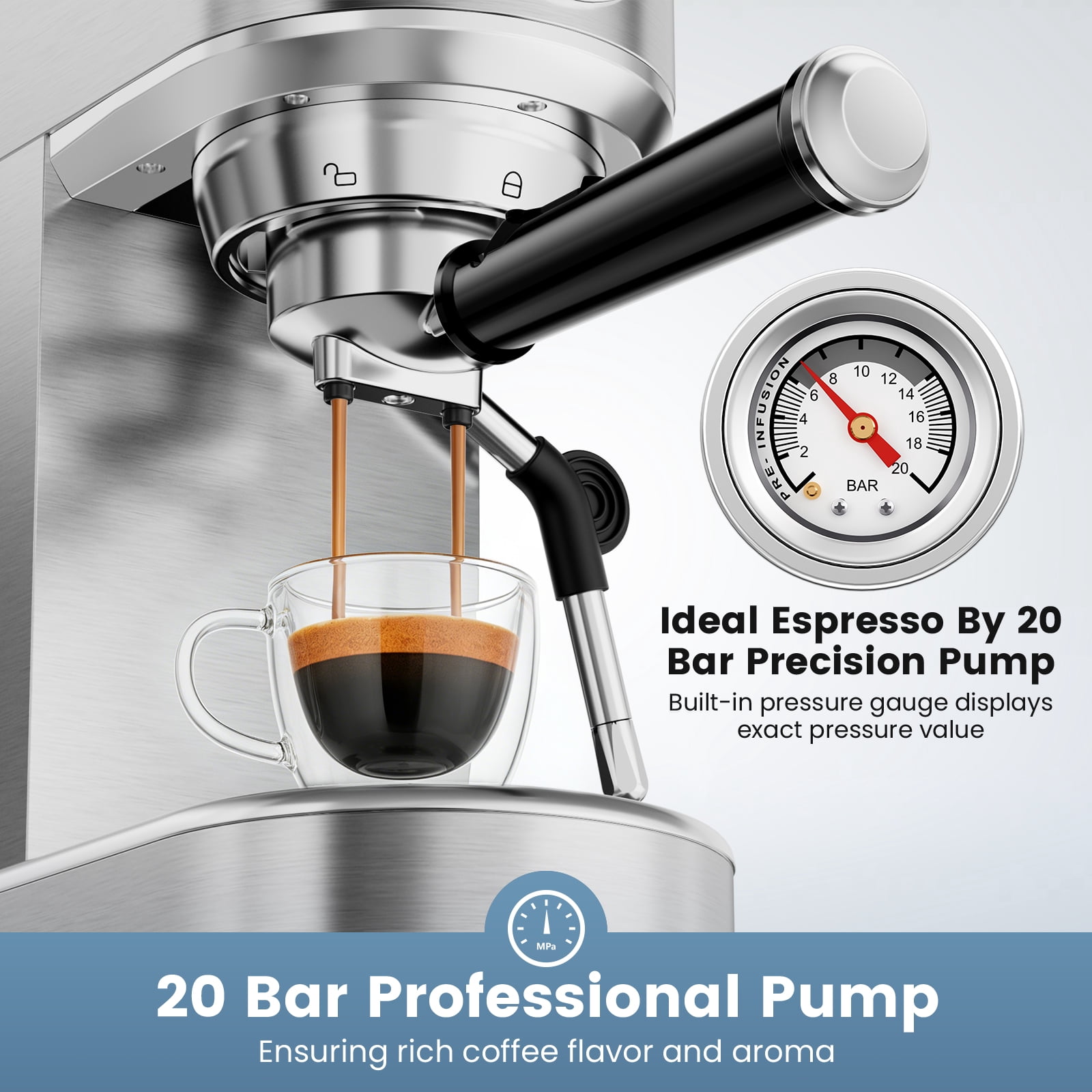 SUDILO 20 Bar Espresso Machine, Stainless Steel Coffee Maker with Steam Frother, 34oz Removable Water Tank, Compact for Home Office, Silver