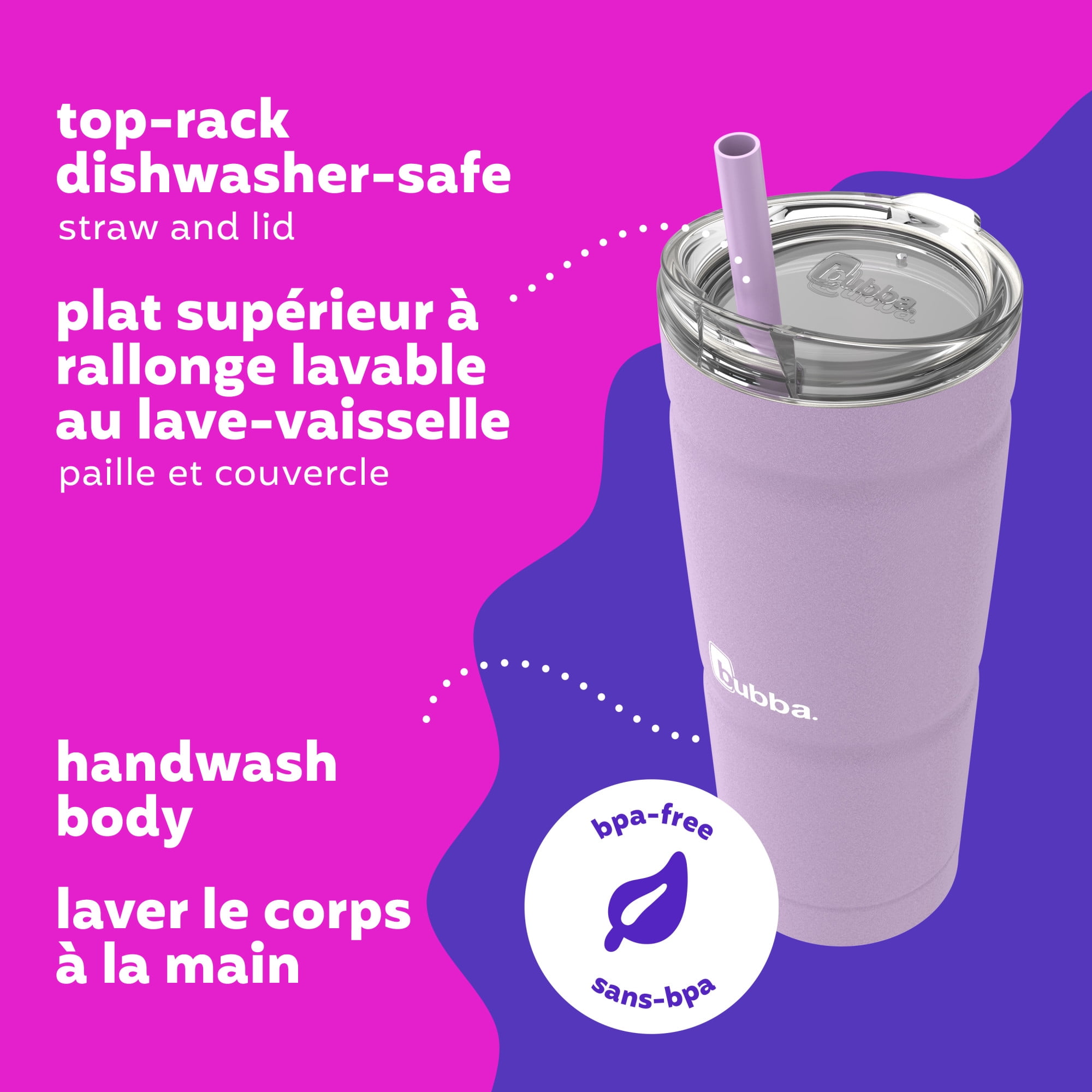 bubba Envy S Tumbler, Insulated Stainless Steel Water Bottle with Straw Lid, Lavender Frost, 24 oz (709 ml)