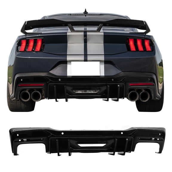Ikon Motorsports Rear Diffuser Compatible with 2024-2026 Ford Mustang 7th Gen S650 Competition Style Gloss Black PP Rear Bumper Valance Spoiler Air Dam Chin Splitter Molding 4PCS