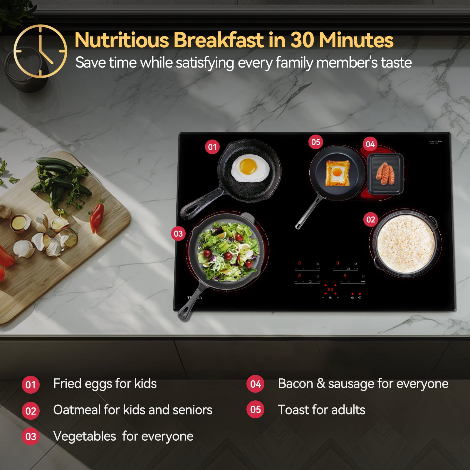 Tecasa 30 Inch 4 Burners Radiant Electric Cooktop in Black with Bridge Element and Triple Ring Element Touch Control