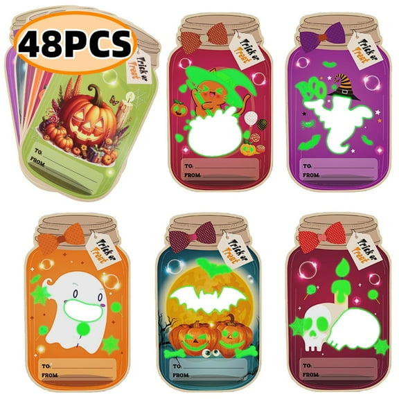 Kabuer Halloween Treat Bags Mason Jar Cards with 48 Clear Treat Bags Glown in Dark Trick-or-Treat Goodie Bags for Classroom Party Favors Supplies