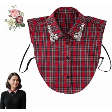 Col Détachable en Strass à Carreaux de Noël Rouge, 2026 Demi-Chemise Classique pour Femmes pour Pulls et Chandails en Molleton, Blouse Élégante pour Femmes