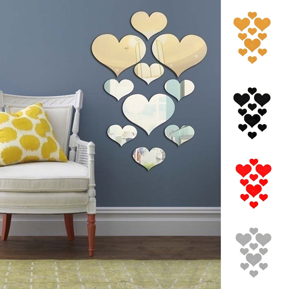 Zhaomeidaxi 10Pcs Heart Mirror Wall Decal 3D Acrylic Heart Mirrors Wall Decor Removable Heart