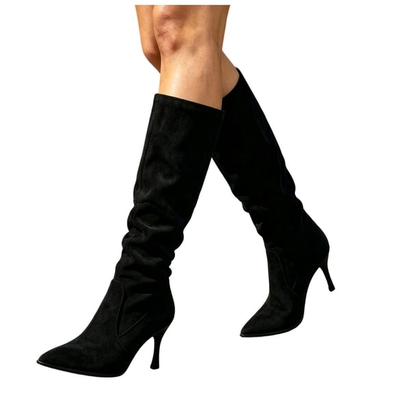Rokment Stiletto Knee High Boots for Women Ladies Fall Winter Fashion Slouchy Suede Pointed Toe High Heels Pull on Mid Calf Long Tall Dress Booties