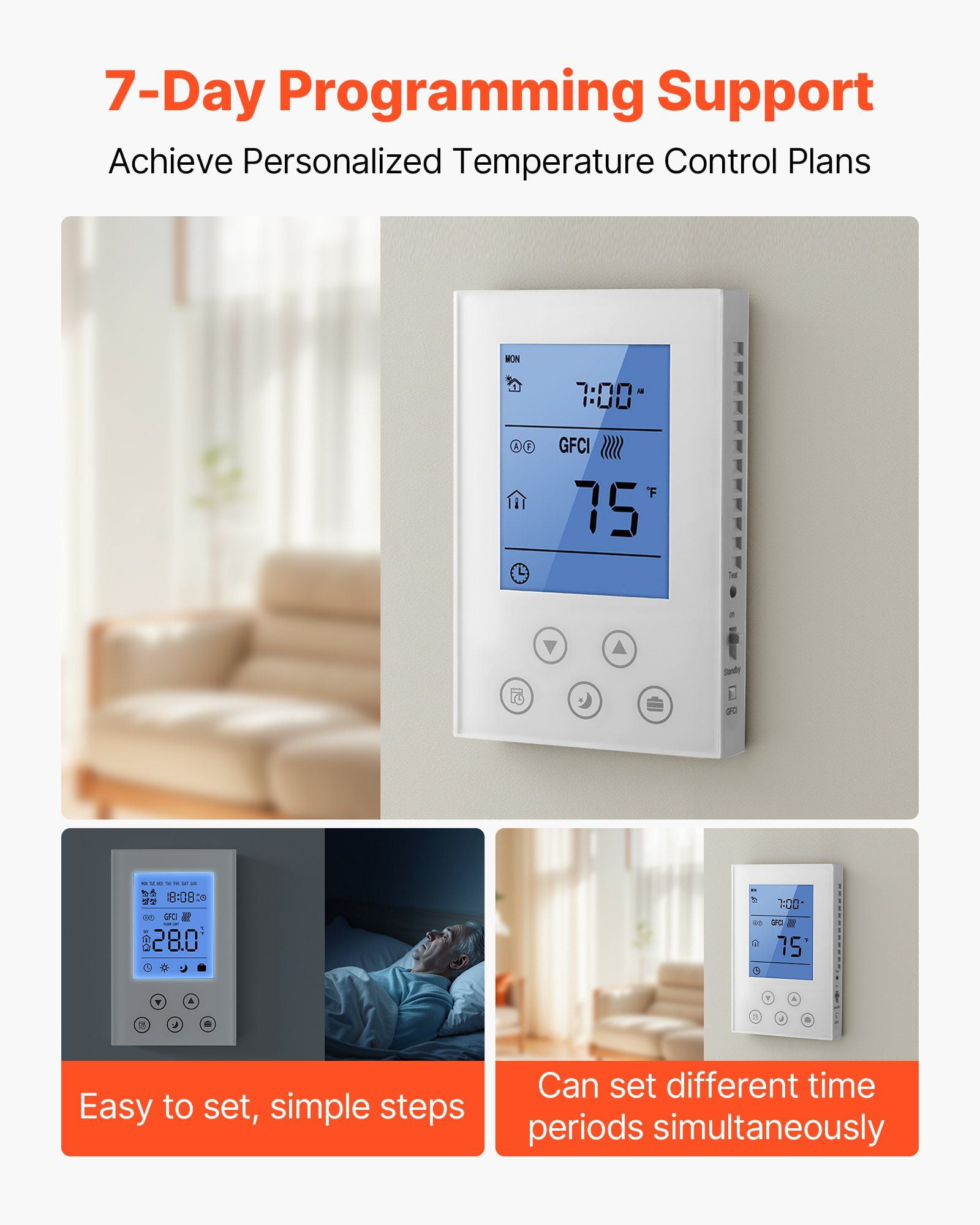 7 Day Programmable Thermostat for Underfloor Heating and Heat Pump, Digital Wall Thermostat with Backlit Display, Temperature Sensor, Energy-Saving Scheduling, White, 120V/240V Compatible
