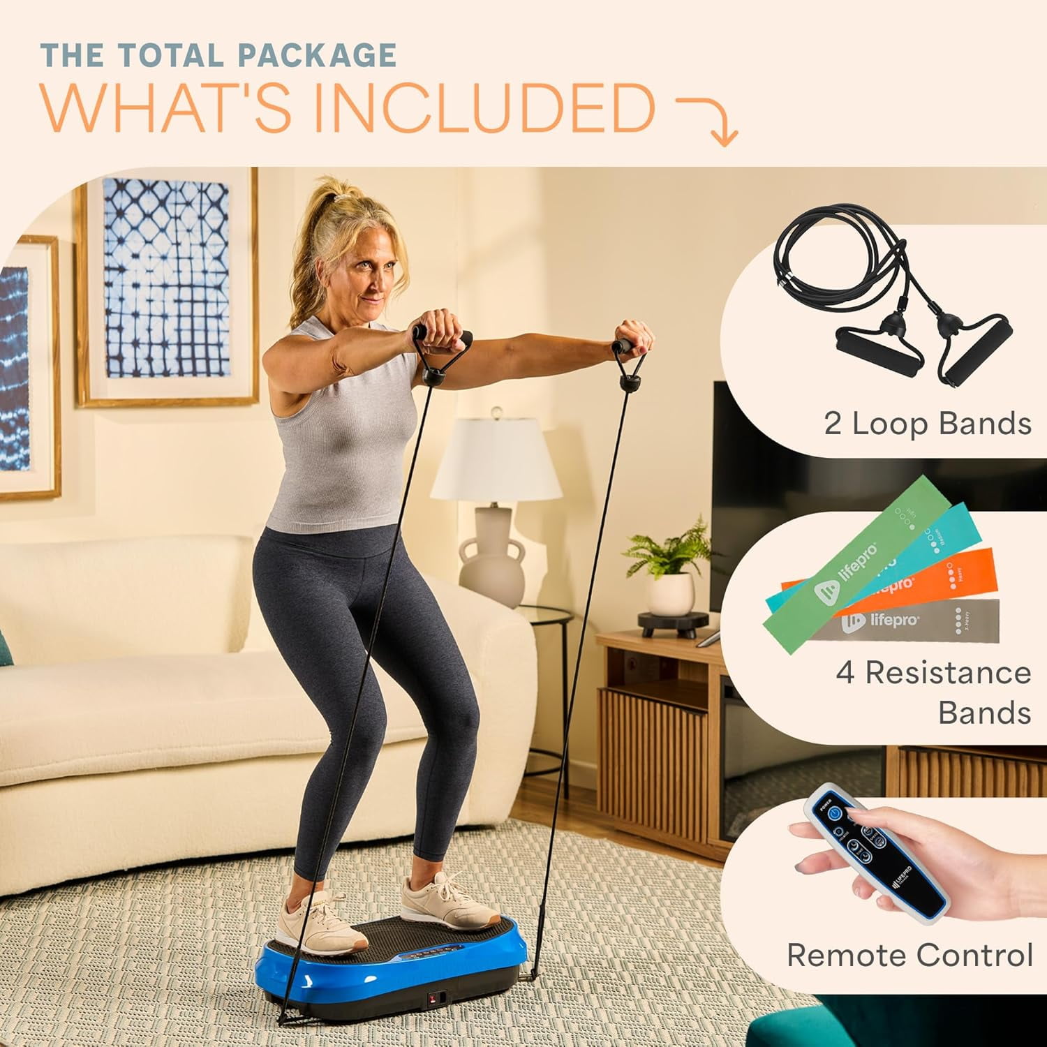 Lifepro Waver Mini Vibration Plate Exercise Machine – Whole Body Vibrating Plate Machine for Lymphatic Drainage, Muscle Toning & Recovery with Resistance Bands & Remote - Blue
