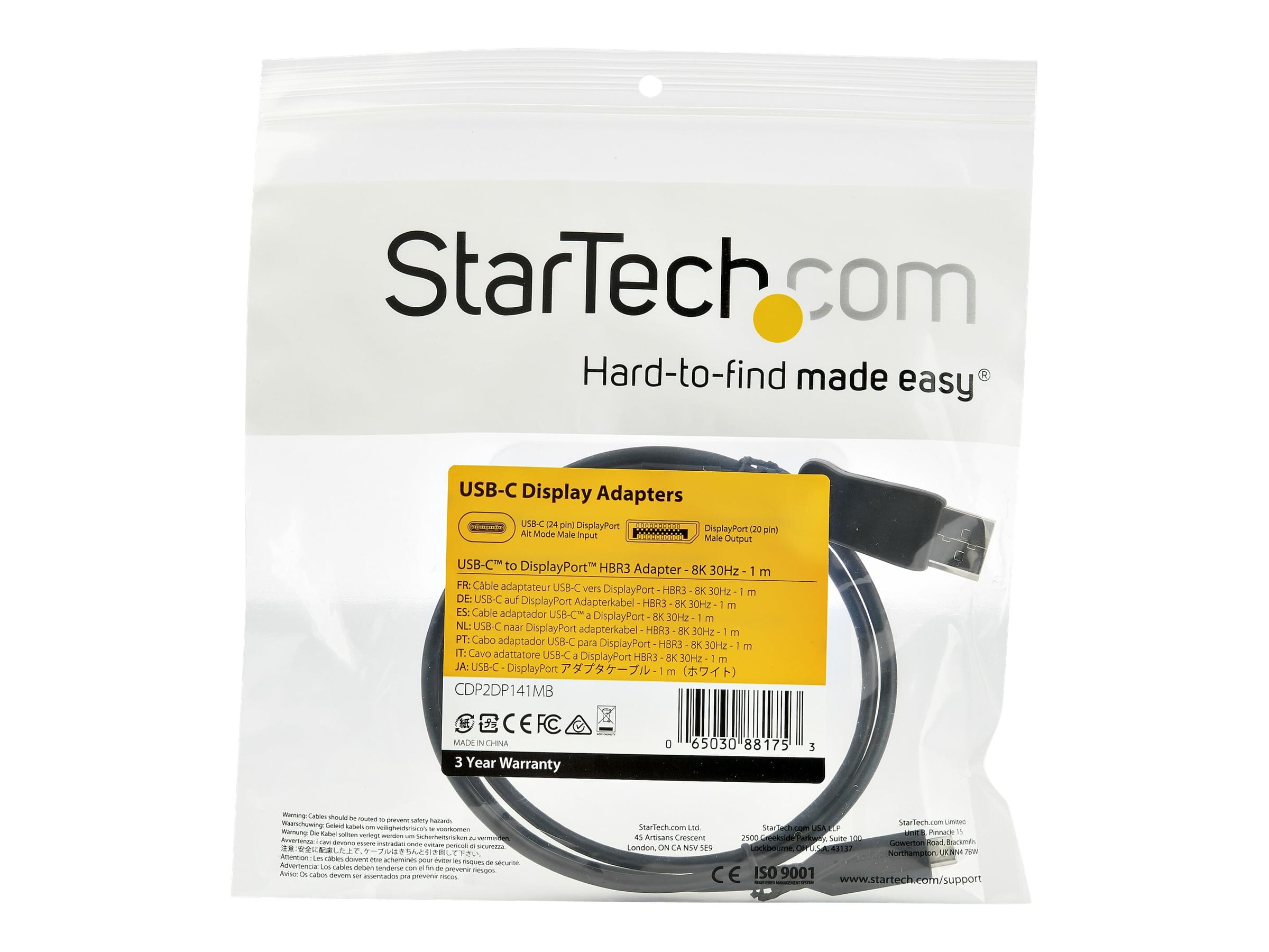 StarTech 5.9 ft USB-C to DisplayPort 1.4 M/M Adapter Cable CDP2DP141MB