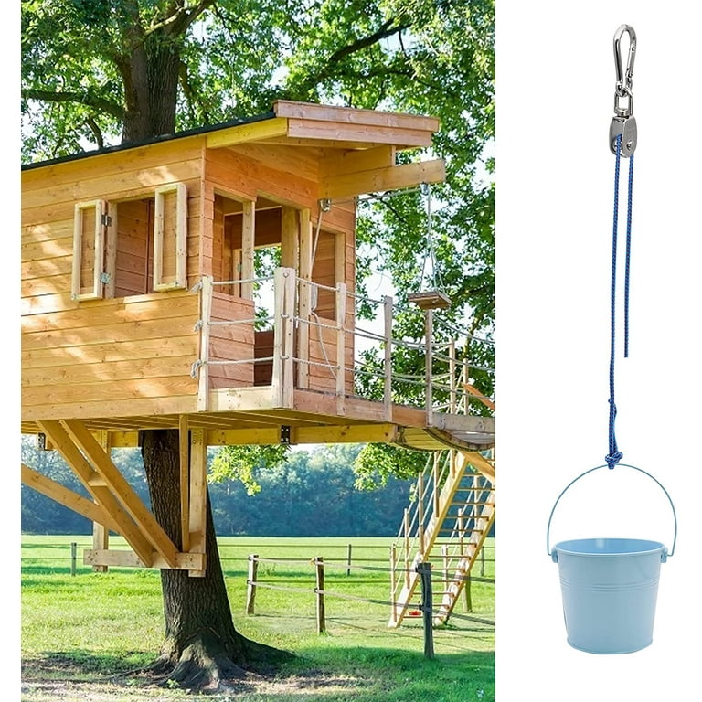FUQUN Treehouse Accessories for Kids,Pulley with Bucket Cable, Kids Playhouse Accessories, Pulleys for Kids, Pirate Ship Accessories Outdoor, Playhous