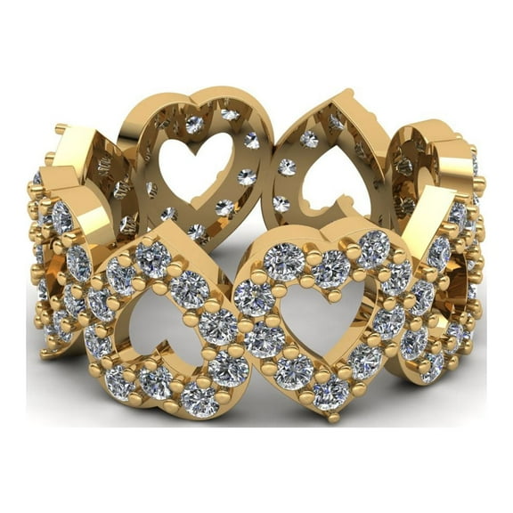 Natural 1.45Ct Round Cut Diamond Alternating Heart Women's Anniversary Wedding Eternity Band Ring Solid 10k Yellow Gold H SI2