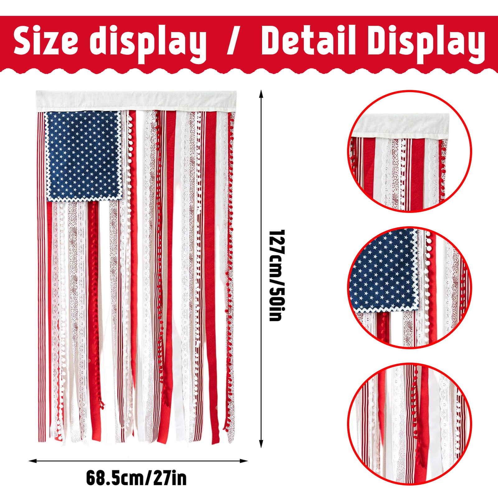 Ribbon American Flag Wall Hanging, Independence Day Wreath Star Flag Banner 4th of July Decoration Scene Layout Front Door Decoration Door Hanging, 27 x 50 inches