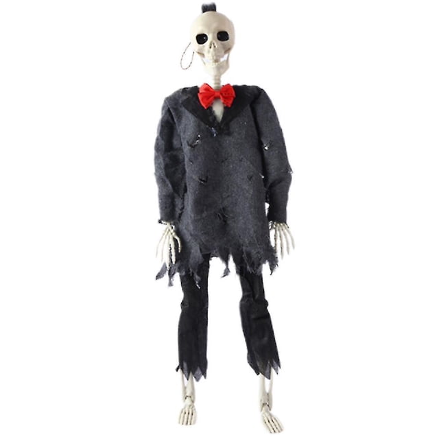 esqueleto de halloween, huesos de animales, simulación horrible, decoración del hogar, juguetes, decoración de la habitación, adornos, accesorios de terror para el día de todos los santos, fiesta. Esqueleto negro de 40 cm con chaqueta gris desgarrada y pajarita roja; cráneo blanco y manos y pies óseos visibles en vista frontal. Adecuado para colgar en paredes, puertas o como adorno de fiesta en casa, bar o escaparate.