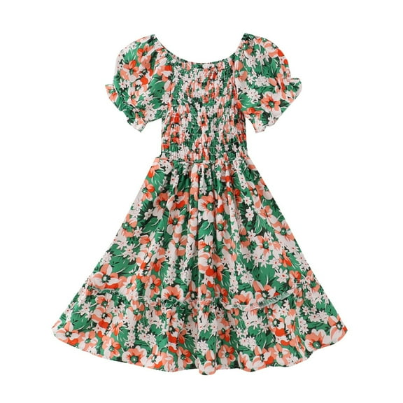 Tiweut Girl's Dresses Children Stretch Short Sleeve Puff Crew Neck Floral Print Holiday Loose Fit Regular Dress for Girl 8-9 Y
