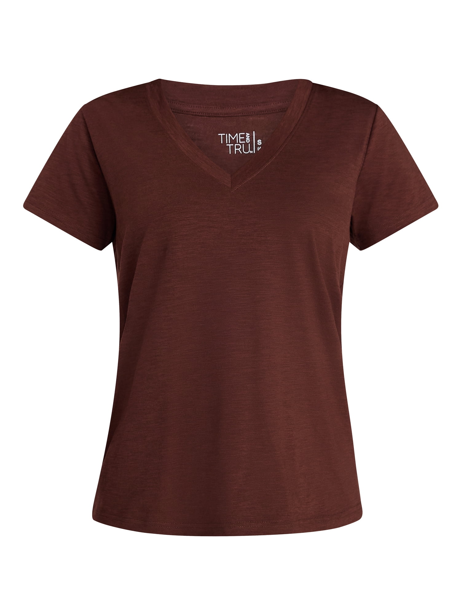Time and Tru Women's Slub V Neck Tee with Short Sleeves, Sizes XS-XXXL