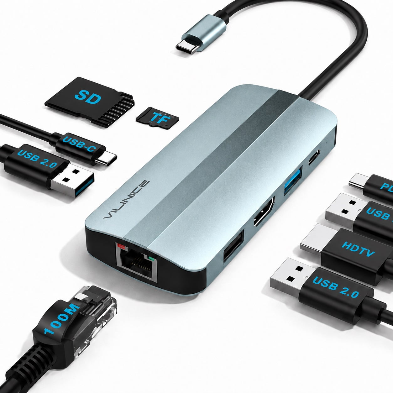 VILINICE USB C Hub, 9-in-1 USB C Dock Laptop Docking Station with 1080P HDMI, RJ45 Ethernet Multiport Adapter with Charging, USB 3.0, SD/TF Card Reader, Compatible with MacBook/PC/USB-C Devices