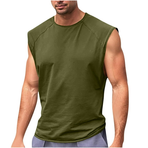 Chiccall Mens Athletic Gym Tank Tops Vintage High Elastic Tees Solid Sleeveless Round Neck Muscle Summer Tops Army Green S