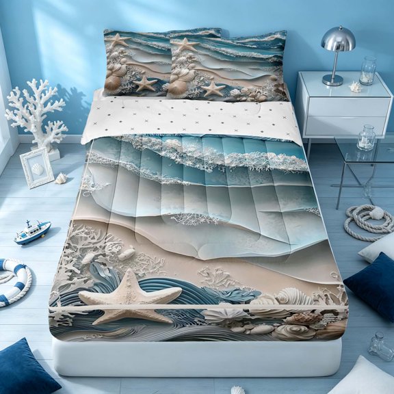 Erosebridal Marine Beach Zipper Twin Comforter Sets with Fitted Sheet and 2 Pillowcases, Hawaii Starfish Seashell Zipper Bedding Set, Reversible