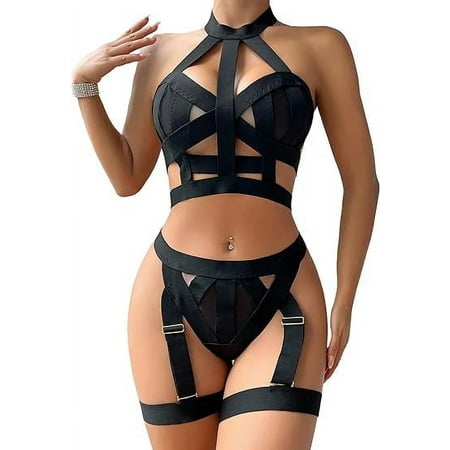 SkyAuks Sexy Choker Lingerie Set  Underwire Push Up Garter Belt Lingerie Set for Women  Black  L
