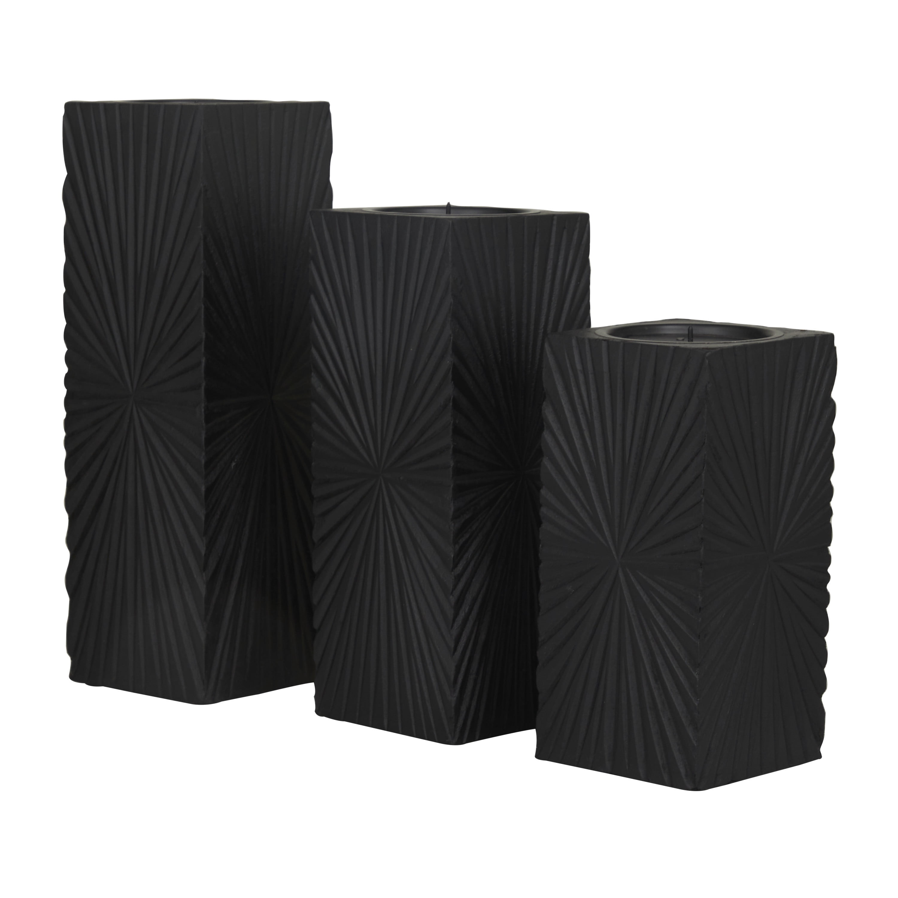CosmoLiving by Cosmopolitan 3 Candle Black Wood Geometric Carved Pillar Candle Holder, Set of 3