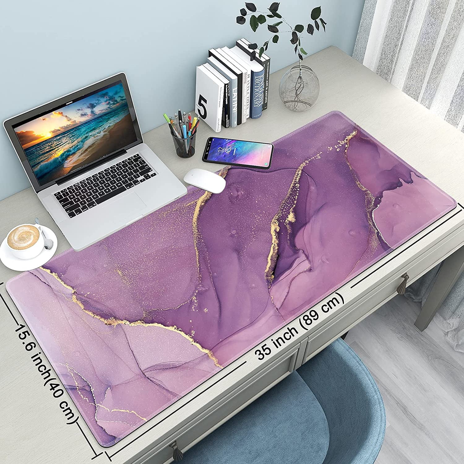 Desk Mat,Large Mouse Pad 35''''×15.6''''×0.12'''' XXL Extended Gaming Mouse Pad Mat with Non-Slip Base Stitched Eges Mousepad for Computer,Office,Keyboard and Laptop - Purple Marble