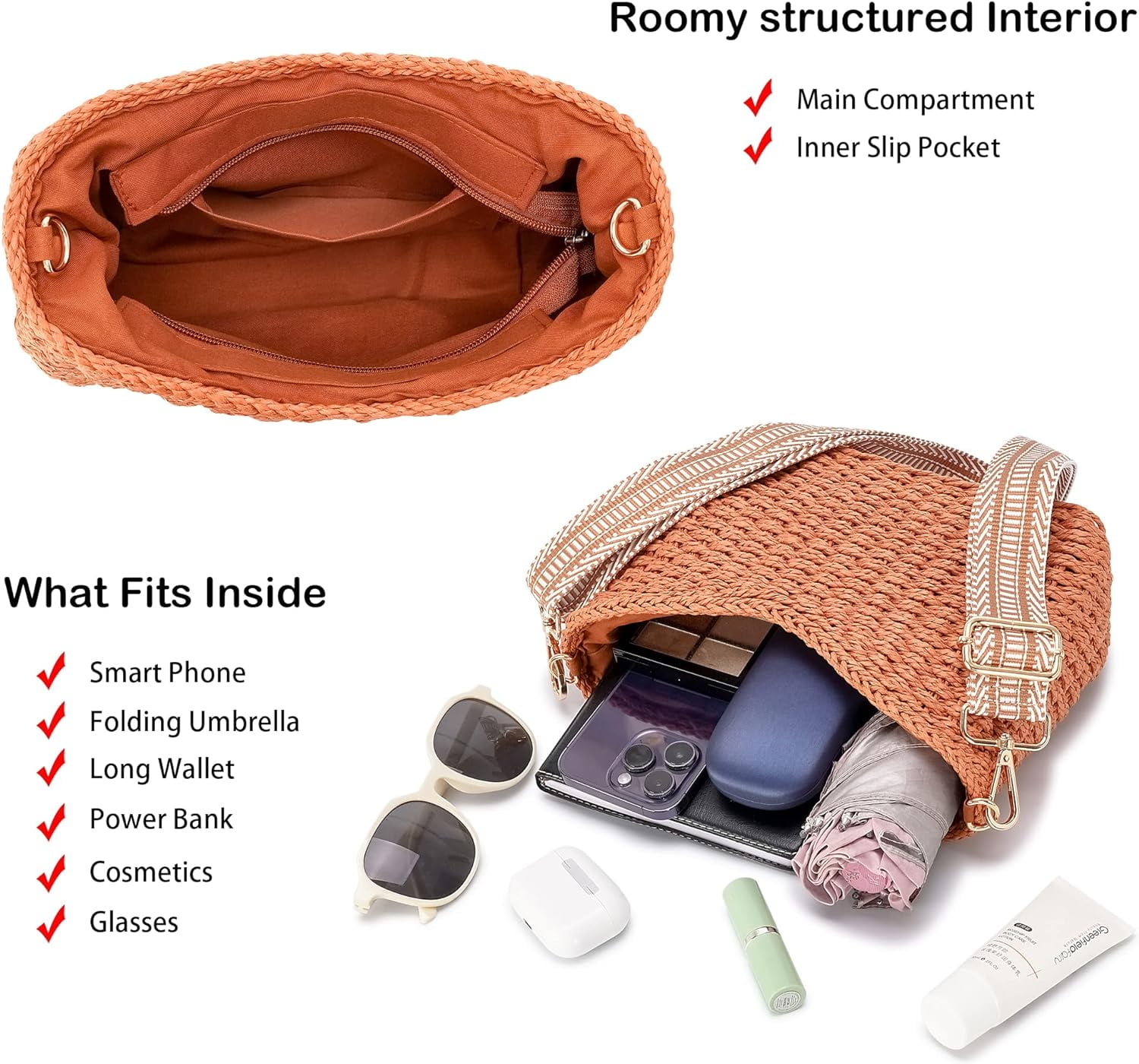 Small Handmade Straw Pocketbook Crossbody Bag for Women, Summer Chic Woven Handbag Shoulder Purse with Chain