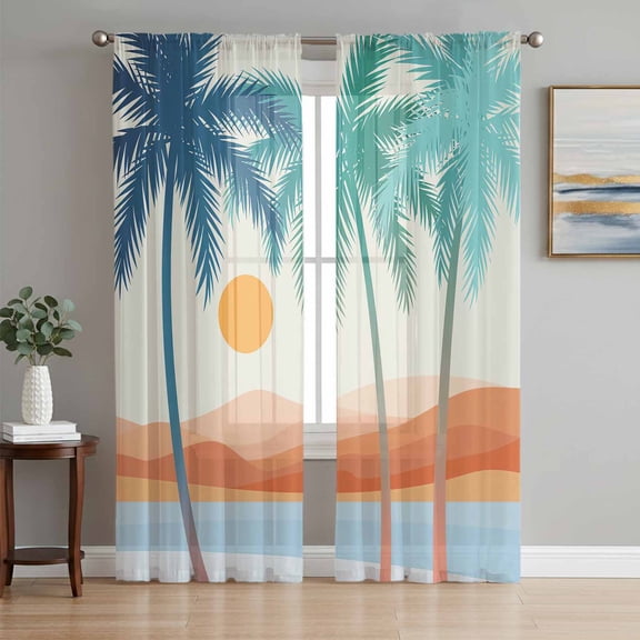 Boho Summer Beach Sheer Curtains 72 Inch Length 2 Panels Set, Abstract Tropical Palm Trees Watercolor Voile Window Treatment Curtains Sheers Drapes for Bedroom/Living Room/Kitchen 52"x72"x2