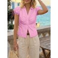 thumbnail image 4 of Women Puff Short Sleeve Button Down Shirt Collared Ruched Fitted Blouse, 4 of 6