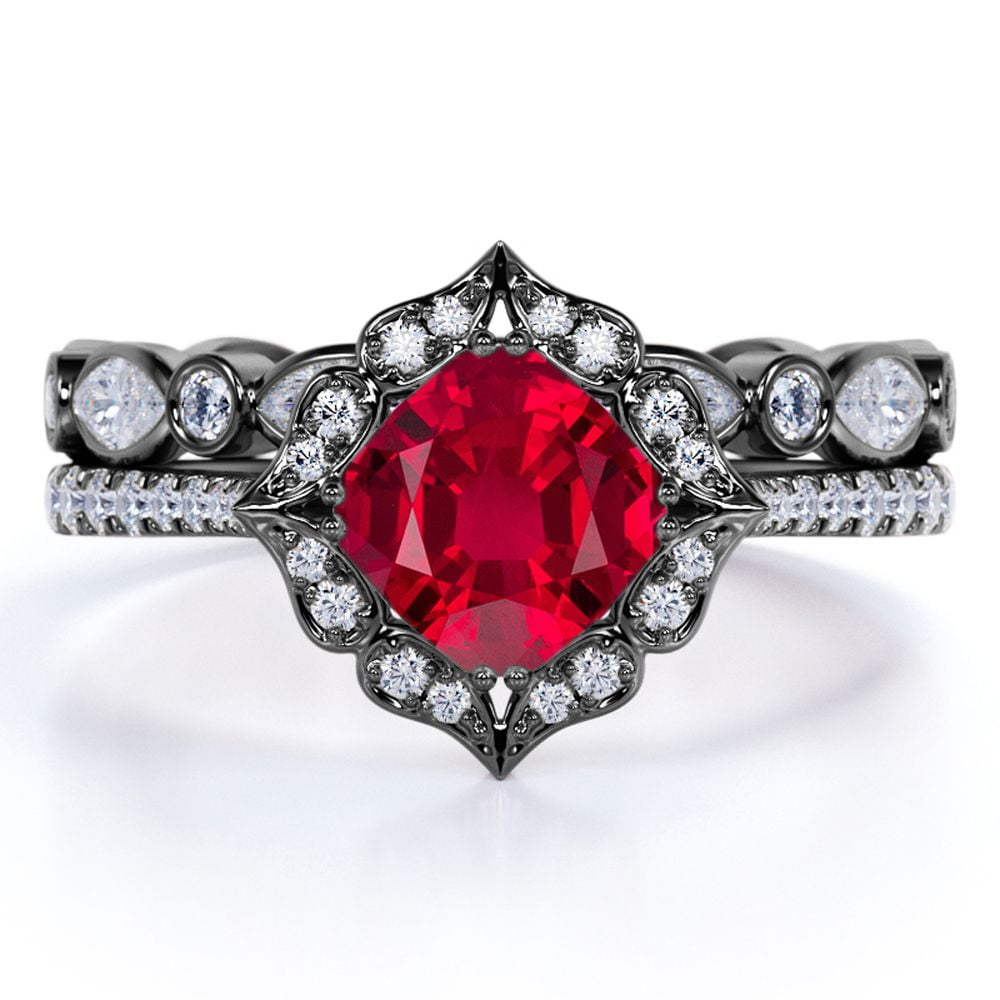 JeenMata 1.75 Carat Princess Cut Lab Created Ruby Wedding Set - Art Deco Ring Band - 18k Black Gold over Silver