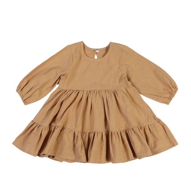 Vestido infantil de manga larga de algodón y lino Vestido infantil de color liso Vestido para niña