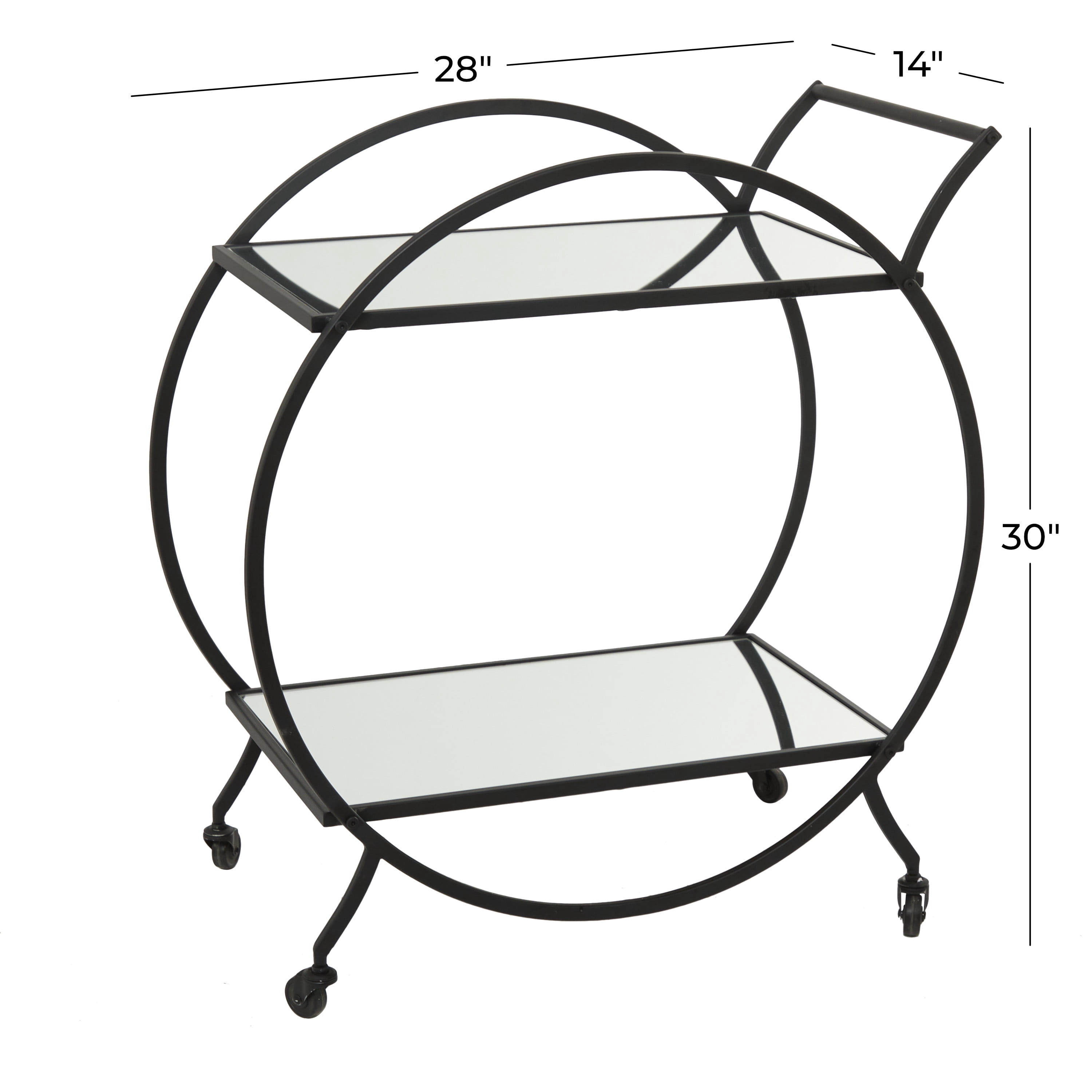 DecMode 14" x 30" Black Metal Rolling 2 Mirrored Shelves Bar Cart with Wheels and Handle, 1-Piece