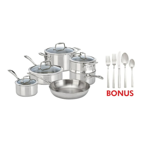 ZWILLING Vista Clad 10 Piece 18/10 Stainless Steel Cookware Set With Bonus 20-Piece Flatware Set