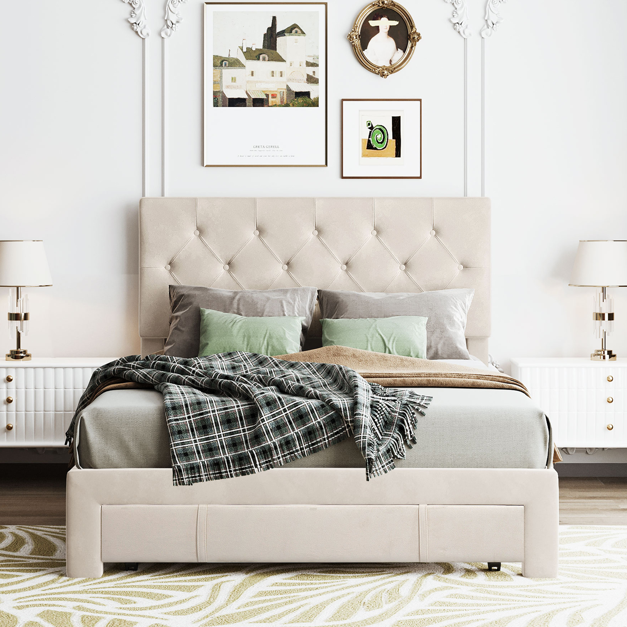 SYNGAR Beige Full Size Storage Bed, Full Platform Bed Frame with