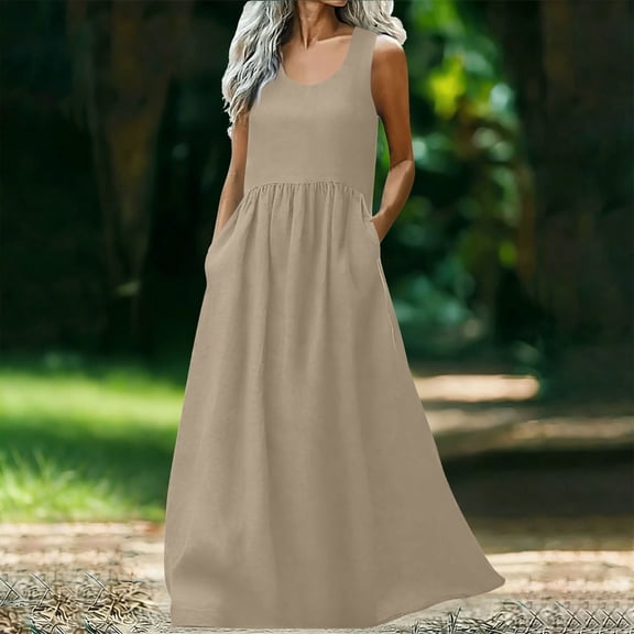 Women's Summer Tank Midi Dress with Pockets Sleeveless A-Line Casual Loose T-Shirt Dresses Beach Sundress New Work Party Dresses for Women Khaki XXL