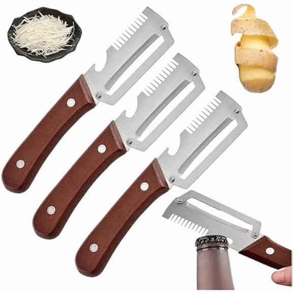 Vegetable Peeler with Wooden Handle and Bottle Opener,Stainless Steel Julienne Peeler,Multi Functional Kitchen Gadgets for Apple Fruit Orange Potato Carrot Pumpkin Papaya (3)