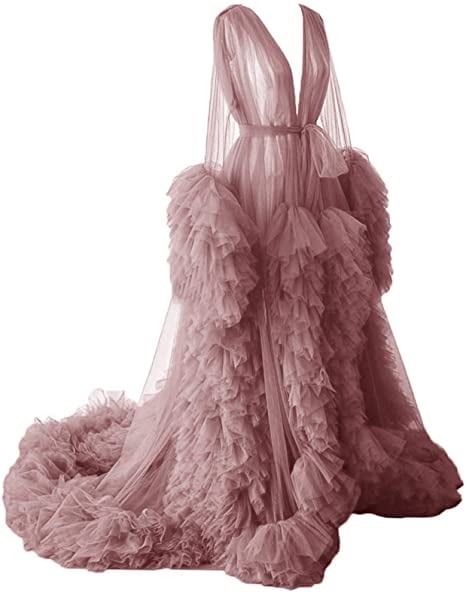 Lamosi Women Dressing Gown Illusion Long Tulle Robe Puffy Pregnancy Maternity Gowns 