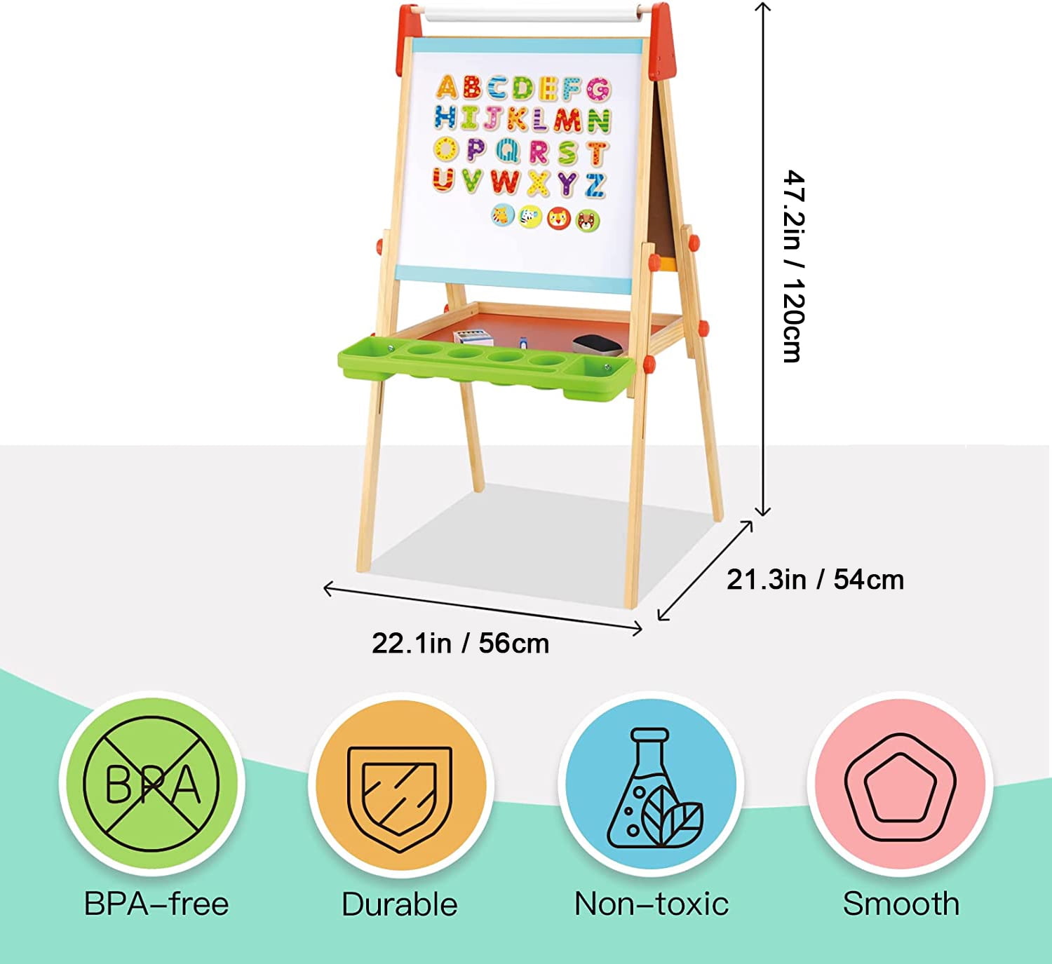 TOOKYLAND Wooden Easel for Kids - Adjustable Height Stand with Magnetic Whiteboard, Chalkboard, Paper Roll, Magnets, Drawing and Painting Accessories; Arts & Crafts Toy for 3 Year Old +