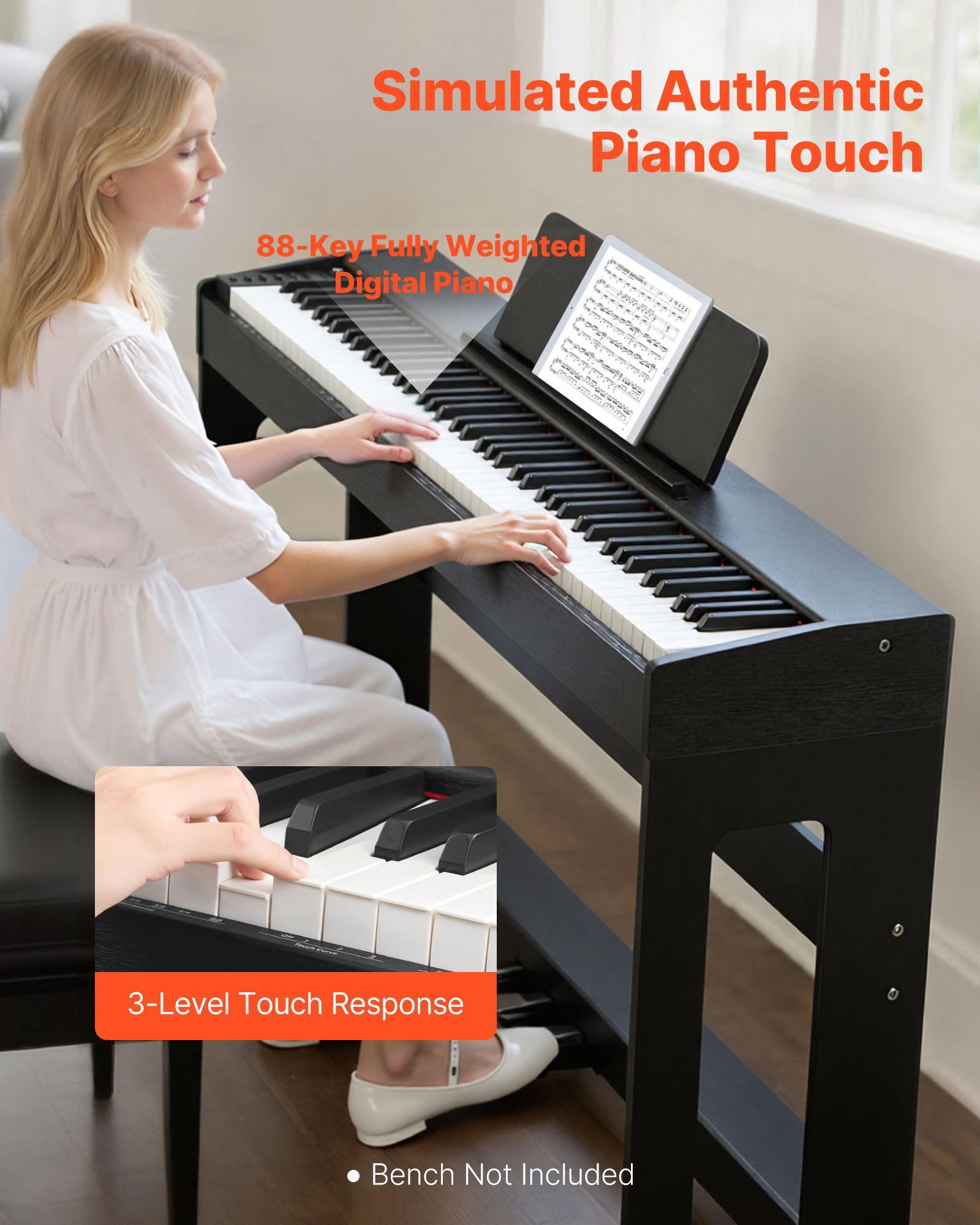 Weighted Digital Piano, 88 Keys Fully Weighted, Electric Piano Keyboard with Furniture Stand, Power Adapter, Triple Pedal, Record Function, 280 Tones, Wireless Connection, for Beginners, Black