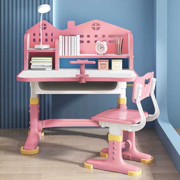 Andvari Height Adjustable Children School Study Desk And Chair Set Kids Functional Table Chair Set With Castle Backboard, Widened Desktop, Bookstand And Storage Drawer (Pink)