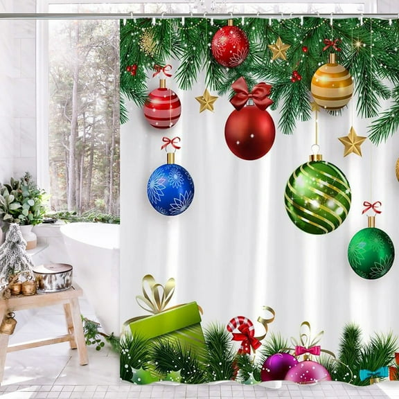 35.43x70.87 Inch Christmas Ball Shower Curtain Colorful Christmas Decor with Green Candy Cane Hanging on Branches for Bathroom Holiday Decoration (White)